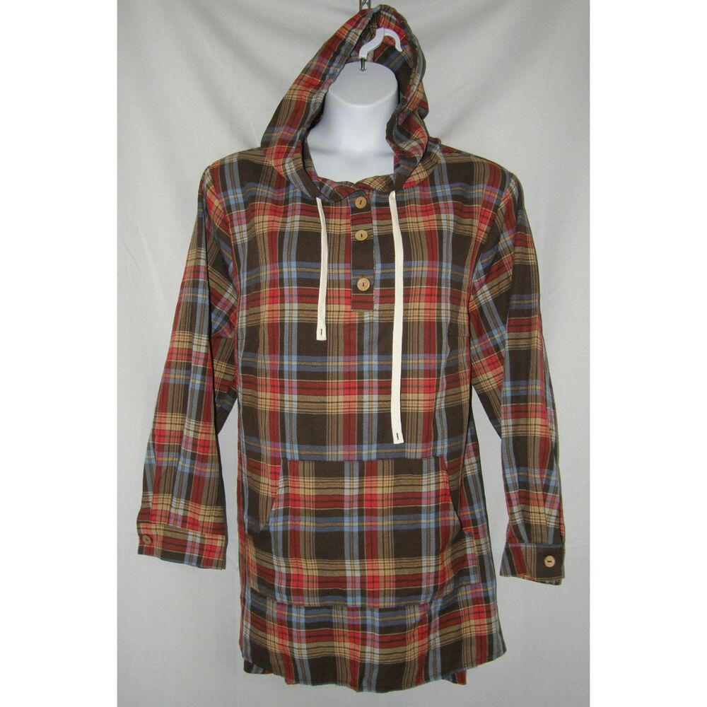 SHEIN CURVE Brown Plaid Plus Sz 20 Long Sleeve Hooded Tunic Shirt Front Pocket